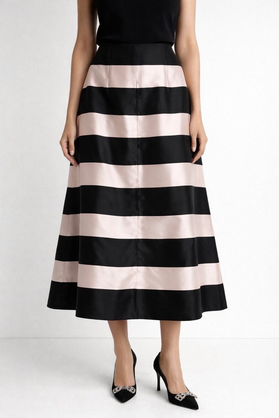 Mary Katrantzou Silk Black & Blush Striped Midi Skirt Formal Satin A-Line US 12